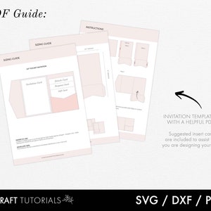 May include: A PDF guide for creating pocket invitations. The guide includes a sizing guide with suggested card sizes for the invitation, details card, response card, and gift card. The guide also includes instructions for folding the invitation.