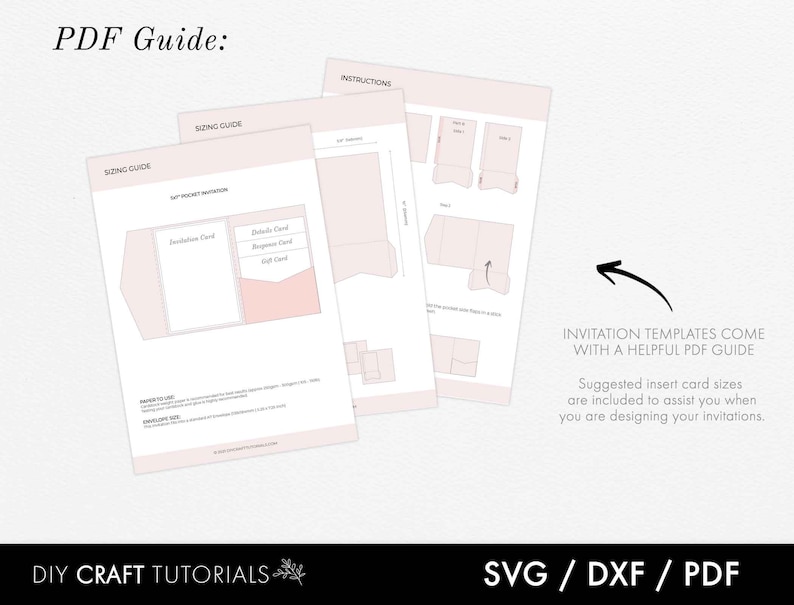 May include: A PDF guide for creating pocket invitations. The guide includes a sizing guide with suggested card sizes for the invitation, details card, response card, and gift card. The guide also includes instructions for folding the invitation.