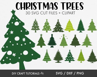 May include: A set of 30 SVG cut files and clipart featuring various Christmas tree designs. The trees are green and have different shapes and sizes. The text "CHRISTMAS TREES" and "30 SVG CUT FILES + CLIPART" is at the top of the image. The text "DIY CRAFT TUTORIALS" and "SVG / DXF / PNG" is at the bottom of the image.