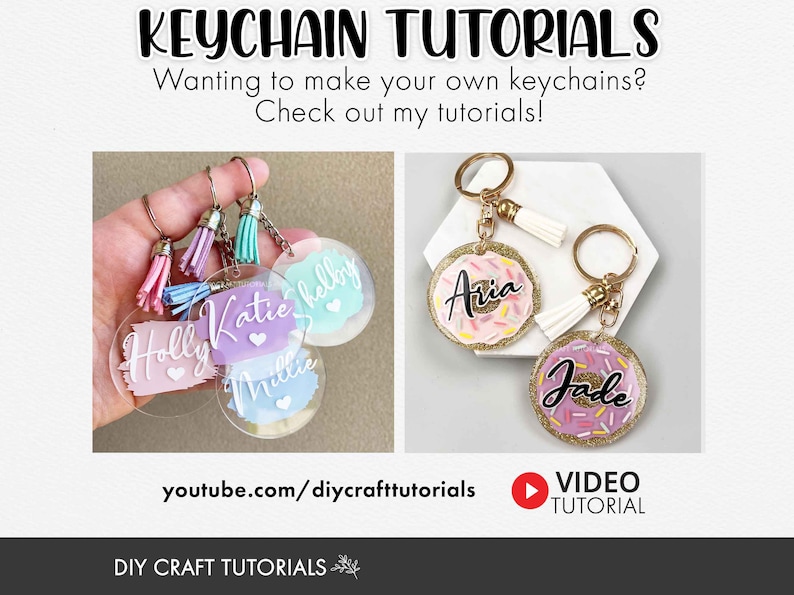May include: A collection of DIY keychain tutorials featuring personalized acrylic keychains with names and hearts and donut-shaped resin keychains with glitter and sprinkles. The keychains are attached to gold key rings with tassels.