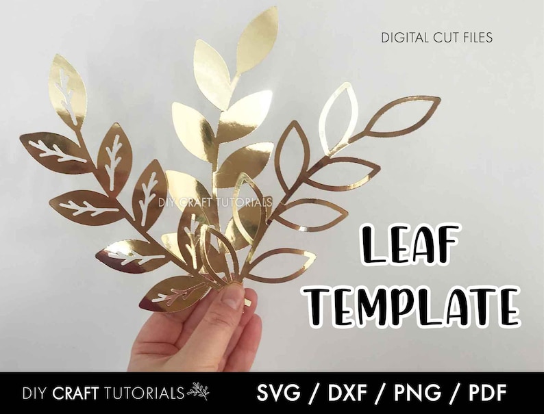 Puede incluir: Plantilla de hoja de oro archivos de corte digital para manualidades. La imagen muestra una mano sosteniendo un dise&ntilde;o de hoja de oro recortada de papel. El texto "LEAF TEMPLATE" es visible en la imagen.