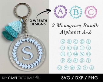 Keychain svg bundle, Monogram SVG Alphabet Bundle, Monogram Svg, Wreath Monogram svg, Keychain svg, keyring svg, keychain patterns svg