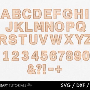 May include: A complete alphabet and number set in a light brown color with a woven texture. The letters and numbers are displayed in a sans-serif font. Includes symbols such as an ampersand, question mark, exclamation point, hyphen, and plus sign. The text "DIY CRAFT TUTORIALS" and "SVG / DXF / AI" are at the bottom.