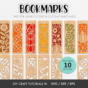 May include: Ten wooden bookmarks with autumn designs, such as pumpkins, leaves, and flowers. The bookmarks are laser-cut with detailed patterns, ideal for DIY craft projects. The image includes the text "BOOKMARKS" and "SVG FOR LASER CUTTERS & CUTTING MACHINES".