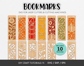 May include: A collection of ten wooden bookmarks with fall-themed designs, including pumpkins, leaves, and flowers. The bookmarks are laser-cut with intricate patterns and are suitable for DIY craft projects. The image includes the text "BOOKMARKS" and "SVG FOR LASER CUTTERS & CUTTING MACHINES".