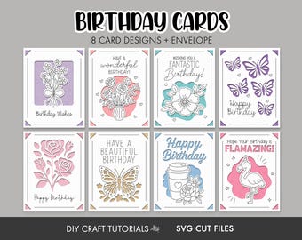 Floral Birthday Card SVG Bundle: 8 Cricut Insert Cards and Envelope Template