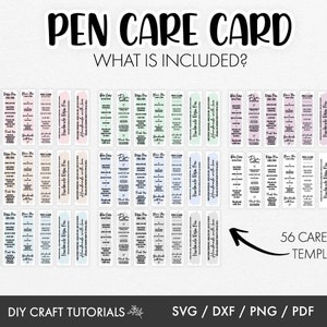 May include: A collection of 56 pen care card templates in various pastel colors. The cards feature text such as "Pen Care Instructions" and "Handmade with love." The image also includes the text "PEN CARE CARD" and "WHAT IS INCLUDED?"