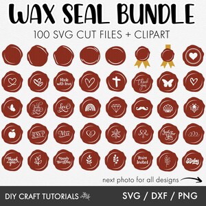 May include: A set of 100 red wax seal SVG cut files and clipart. The designs include hearts, butterflies, flowers, and more. The text "WAX SEAL BUNDLE" and "100 SVG CUT FILES + CLIPART" is at the top of the image. The text "DIY CRAFT TUTORIALS" and "SVG / DXF / PNG" is at the bottom of the image.