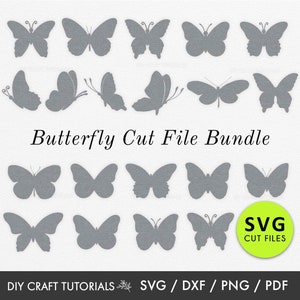 May include: A set of 18 gray butterfly cut files for crafting projects. The files are available in SVG format. The text "Butterfly Cut File Bundle" and "SVG Cut Files" is included in the image.