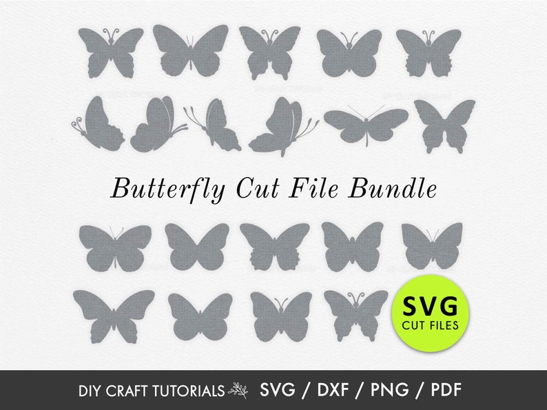 May include: A set of 18 gray butterfly cut files for crafting projects. The files are available in SVG format. The text "Butterfly Cut File Bundle" and "SVG Cut Files" is included in the image.