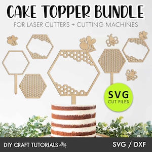 Cake Topper SVG, glowforge svg, laser cut file, cricut svg, laser cut cake topper, bee svg, honeycomb svg, svg bundle, cake topper template