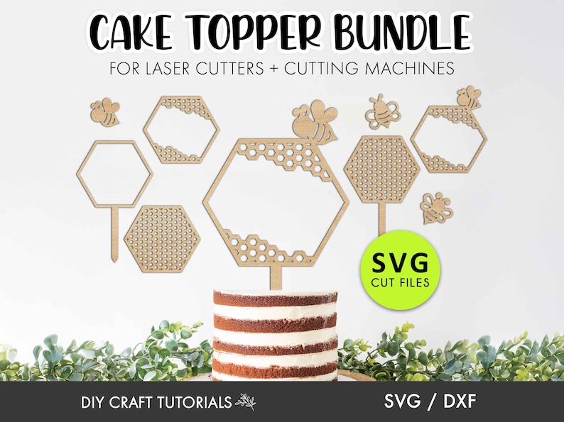 May include: A set of laser cut honeycomb cake toppers with bees. The toppers are made of wood and are perfect for a bee-themed party. The set includes a large honeycomb frame, smaller honeycomb frames, and bees. The toppers are designed to be used with a cake.