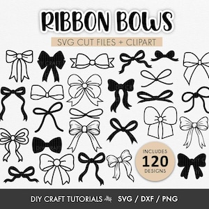 May include: A collection of 120 ribbon bow designs in black and white. The image includes various bow styles, from simple to ornate, with the text "RIBBON BOWS" at the top and "SVG CUT FILES + CLIPART" below. The image also includes the text "INCLUDES 120 DESIGNS".