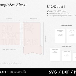 May include: A printable template for a DIY box card with instructions for creating a box card. The template is designed to fit over two sheets of 8.5 x 11 inch paper. The template includes instructions for creating invitation cards and insert cards. The template is available in SVG, DXF, and PDF formats.