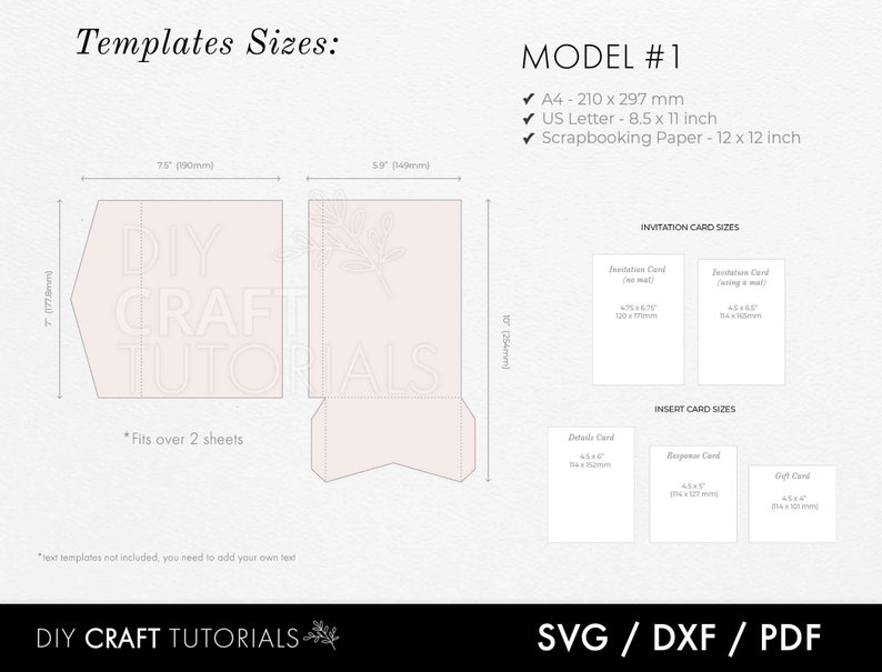 May include: A printable template for a DIY box card with instructions for creating a box card. The template is designed to fit over two sheets of 8.5 x 11 inch paper. The template includes instructions for creating invitation cards and insert cards. The template is available in SVG, DXF, and PDF formats.