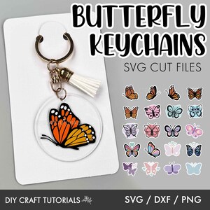 May include: A set of 20 SVG cut files for creating butterfly keychains. The files include a variety of butterfly designs in different colors, including orange, pink, blue, and purple. The files are perfect for use with a Cricut or Silhouette cutting machine.