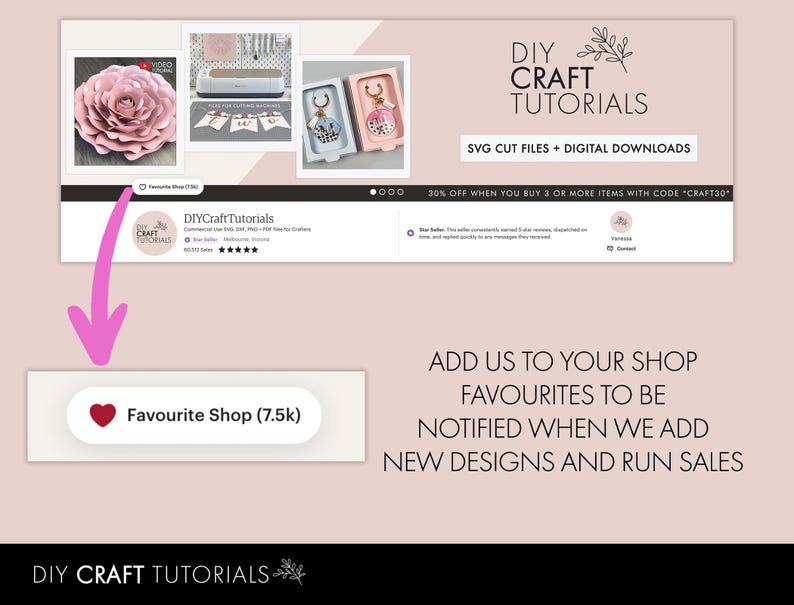 May include: A banner for DIY Craft Tutorials, featuring a large paper flower, a cutting machine, and keychains. The text reads "SVG Cut Files + Digital Downloads." A button says "Favourite Shop (7.5k)." The text encourages users to add the shop to their favorites.