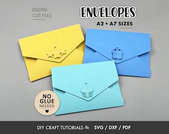 May include: Three paper envelopes in yellow, blue, and light blue, featuring die-cut closures shaped like stars, a gift box, and a cupcake. Text reads: DIGITAL CUT FILES, ENVELOPES, A2 + A7 SIZES, NO GLUE NEEDED, DIY CRAFT TUTORIALS, SVG / DXF / PDF.