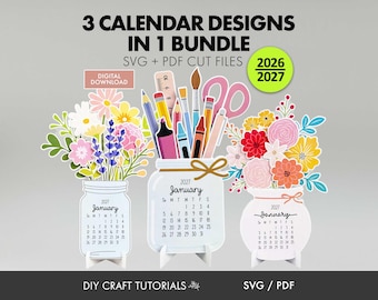 Calendar SVG Bundle | 3 Calendar Designs in 1 Bundle | 2026 2027 SVG + PDF Cut Files