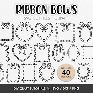 Op de afbeelding: Zwart-wit digitale clipart met verschillende strik ontwerpen. De afbeelding bevat 40 verschillende ontwerpen in verschillende vormen, waaronder harten en ovalen. De tekst bovenaan luidt "RIBBON BOWS" en "SVG CUT FILES + CLIPART".