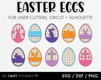 May include: Set of ten Easter egg SVG cut files featuring various designs, including bunnies, crosses, and floral patterns. The eggs are outlined in black and have a woven basket texture. The text "EASTER EGGS" and "FOR LASER CUTTERS, CRICUT + SILHOUETTE" is displayed at the top of the image. The text "DIY CRAFT TUTORIALS" is displayed at the bottom left of the image. The text "SVG/DXF/PNG" is displayed at the bottom right of the image.