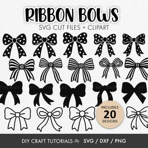 May include: A collection of 20 black and white ribbon bow designs in various styles, including polka dots and stripes. The text "RIBBON BOWS" and "SVG CUT FILES + CLIPART" are at the top. The image also includes the text "INCLUDES 20 DESIGNS".