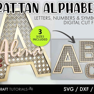 May include: A wooden rattan alphabet design with the word "Alina" in a cursive font. The image includes the letters A, B, and C, and the text "RATTAN ALPHABET LETTERS, NUMBERS & SYMBOLS DIGITAL CUT FILES" and "3 SIZES INCLUDED".