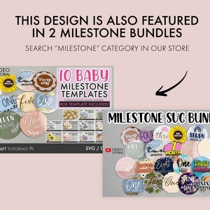 May include: A set of 20 unique baby milestone circle templates with colorful designs featuring rainbows, sunflowers, and other cute illustrations. The text on the circles includes numbers from one to ten and phrases like "One Month" and "Nine Months". The image also includes the text "MILESTONE SUG BUNDLE" and "20 UNIQUE SETS".