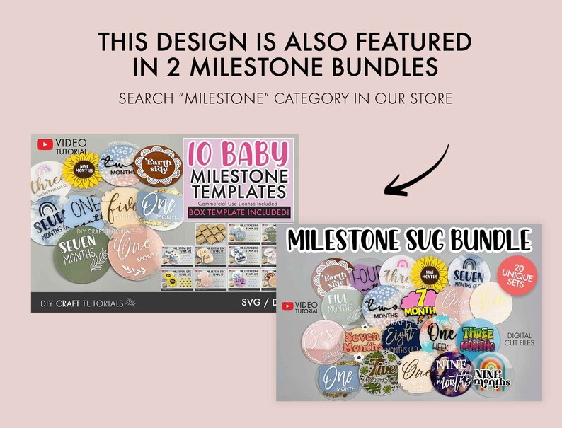 May include: A set of 20 unique baby milestone circle templates with colorful designs featuring rainbows, sunflowers, and other cute illustrations. The text on the circles includes numbers from one to ten and phrases like "One Month" and "Nine Months". The image also includes the text "MILESTONE SUG BUNDLE" and "20 UNIQUE SETS".