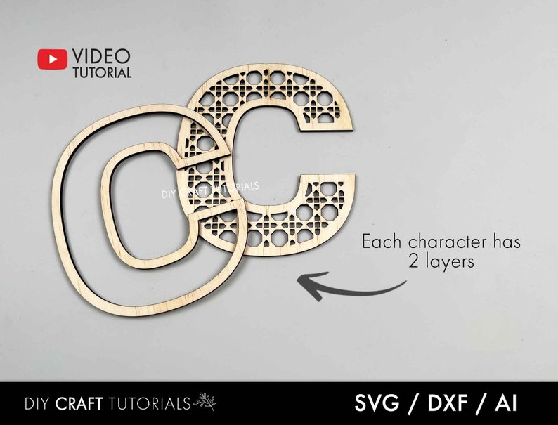 May include: Two-layer wooden letters 'G' and 'C' with a decorative lattice pattern. The 'G' is a solid outline, while the 'C' has a detailed design. The image includes the text 'VIDEO TUTORIAL' and 'Each character has 2 layers'. The bottom text reads 'DIY CRAFT TUTORIALS' and 'SVG / DXF / AI'.