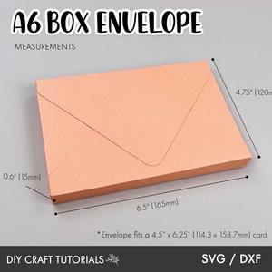 May include: A diagram showing the measurements for an A6 box envelope. The envelope is peach colored and measures 6.5 inches by 4.75 inches. The envelope is 0.6 inches deep. The text states that the envelope fits a 4.5 inch by 6.25 inch card.