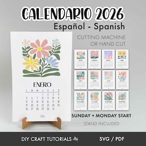 May include: A 2026 Spanish calendar with floral illustrations, featuring the word "CALENDARIO" at the top. The calendar includes a stand and individual monthly pages. Text on the calendar reads "CUTTING MACHINE OR HAND CUT" and "SUNDAY + MONDAY START".
