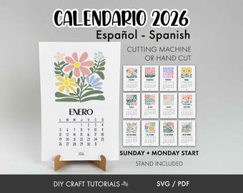 Calendario 2026 Español SVG / Calendario de escritorio floral SVG Cortar archivo
