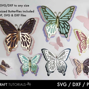 May include: Set of six layered butterfly cut files in various colors, including pink, blue, silver, and gold. The files are available in SVG, DXF, and PDF formats. *Scale SVG/DXF to any size *3 pre-sized Butterflies included for PDF, SVG & DXF files DIY CRAFT TUTORIALS SVG/DXF/PDF