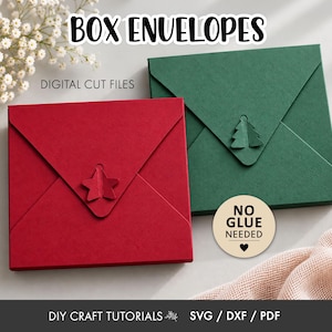 May include: Two square box envelopes in red and dark green, each featuring a decorative paper closure in the shape of a star or tree. The text reads BOX ENVELOPES, DIGITAL CUT FILES, and NO GLUE NEEDED, with DIY CRAFT TUTORIALS SVG / DXF / PDF.