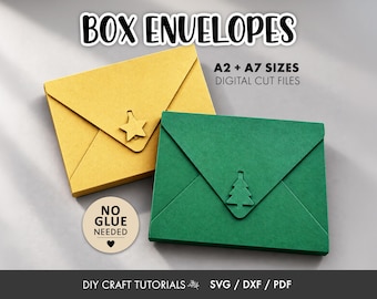 May include: A yellow envelope with a star closure and a green envelope with a tree closure. Text reads: BOX ENVELOPES, A2 + A7 SIZES, DIGITAL CUT FILES, NO GLUE NEEDED, DIY CRAFT TUTORIALS, SVG / DXF / PDF. These are digital templates for paper envelopes.