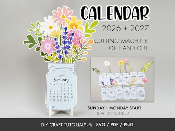 Floral Desk Calendar, Floral Calendar svg, Calendar svg, Desktop Calendar svg, printable calendar, 2026, 2027 Calendar, mini desk calendar