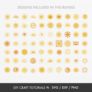 Collection of sun SVG cut files including sunrise sunshine and decorative sun shapes for summer crafts