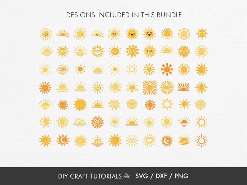 Collection of sun SVG cut files including sunrise sunshine and decorative sun shapes for summer crafts