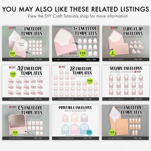 May include: A collage of nine different envelope templates for crafting. The templates are available in various sizes, including A2, C5, and Euro Flap. The templates are available in SVG and DXF formats.