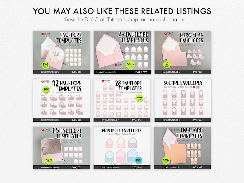 May include: A collage of nine different envelope templates for crafting. The templates are available in various sizes, including A2, C5, and Euro Flap. The templates are available in SVG and DXF formats.
