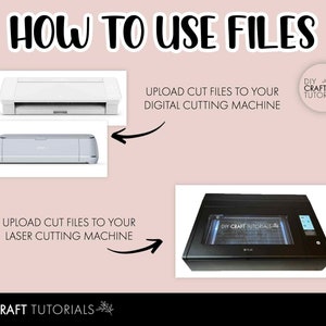 May include: A graphic showing how to use cut files with a digital cutting machine and a laser cutting machine. The image shows a white Cricut Explore Air 2, a silver Cricut Maker, and a black laser cutter. The text reads "Upload cut files to your digital cutting machine" and "Upload cut files to your laser cutting machine".