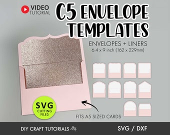 Peut inclure: Un modèle d'enveloppe C5 rose avec un bord décoratif. Le modèle mesure 6,4 x 9 pouces (162 x 229 mm) et convient aux cartes de format A5. L'image comprend le texte "SVG Cutting Files" et "DIY Craft Tutorials".