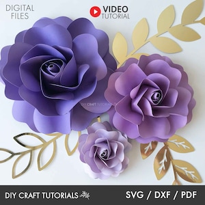 Puede incluir: Flores de papel moradas con ramas de hojas doradas. Tutoriales de manualidades. Archivos digitales SVG, DXF, PDF.