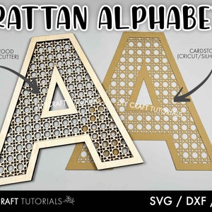 May include: Two wooden letter "A" cutouts with a rattan design. One is made of plywood and the other of cardstock. The text "RATTAN ALPHABET" is at the top. The bottom text reads "DIY CRAFT TUTORIALS" and "SVG / DXF / AI".