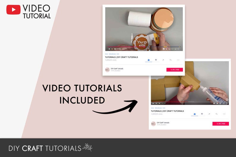 May include: Two YouTube video thumbnails showing DIY craft tutorials. The first video shows a person assembling a small box. The second video shows a person decorating a round box with a label that says "Earth side".