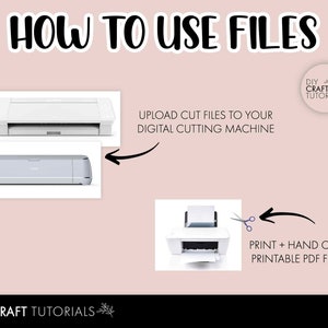 Puede incluir: C&oacute;mo usar archivos para una m&aacute;quina de corte digital. La imagen muestra dos m&aacute;quinas de corte diferentes y una impresora con tijeras. El texto dice "Cargar archivos de corte en su m&aacute;quina de corte digital" y "Imprime + corta a mano Archivo PDF imprimible".