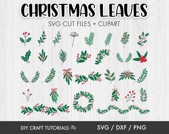 May include: A set of 25 digital Christmas leaf SVG cut files and clipart. The images feature green leaves with red berries and are perfect for crafting projects.