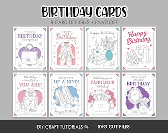 Women’s Birthday Card SVG Bundle: 8 Feminine Insert Cards and Envelope Template