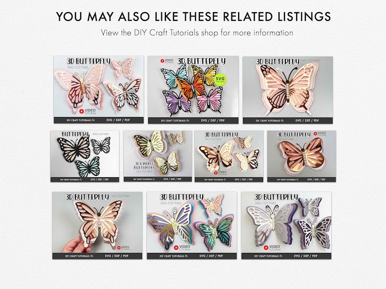 May include: Nine different digital designs for 3D butterfly SVG cut files. Each design features a butterfly with different colors and patterns. The designs are labeled "3D Butterfly" and include the text "SVG Cut Files".